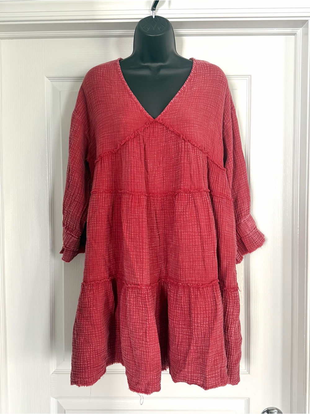 Easel Red Washed-Out Cotton Gauze Tiered V-Neck Swing Dress